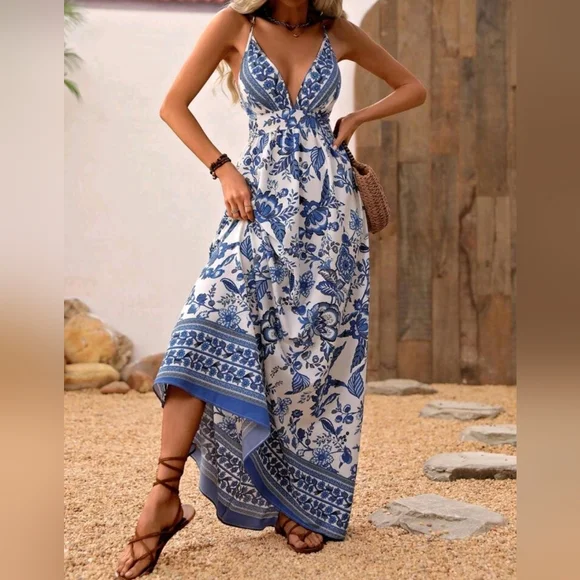 chinese dress ladies Tribal Printed Soft Challis V-Neck Empire Waist Maxi Dress – Fashion House